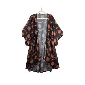 Feitong OS Celestial Kaftan Kimono Robe‎ Top Black Orange Sun Moon Whimsigoth
